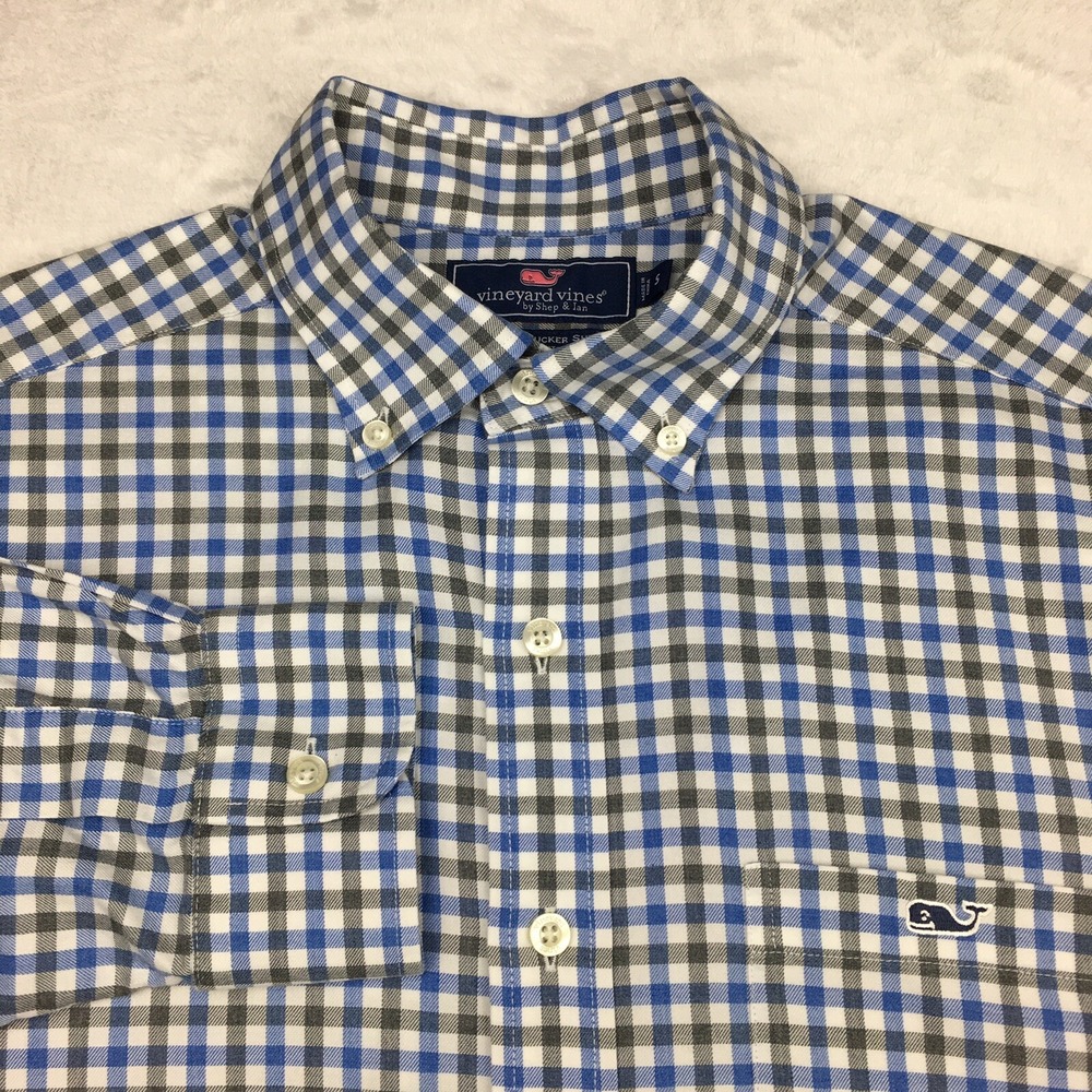 Vineyard Vines Shirt Mens Small Gray/Blue Check Slim Fit Tucker Whale Logo